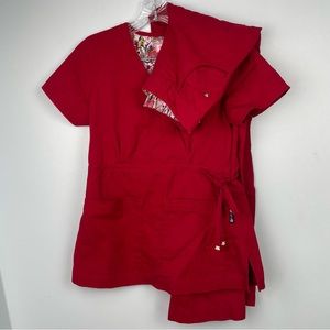 Koi 2 Pc Scrub Set Katelyn Mock Wrap Top Sara Flat Front Cargo Pants Red Size XS
